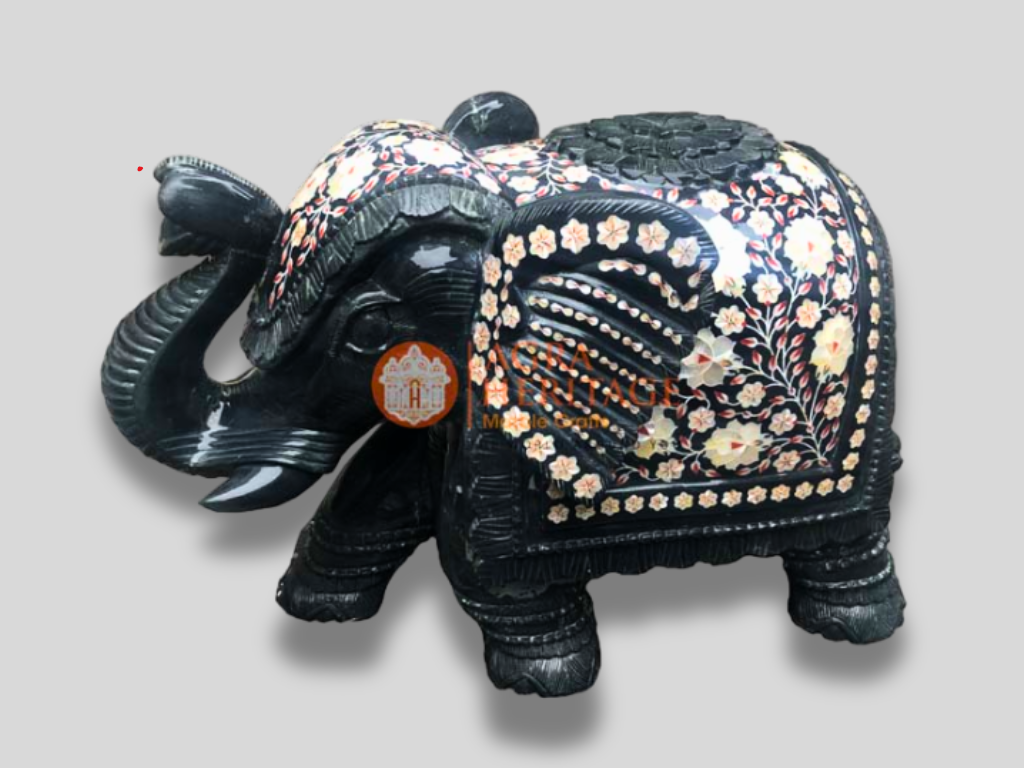 Marble Elephant Statue Mother of Pearl Precious Inlaid